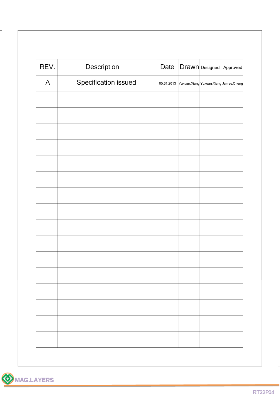 Rev. description date drawn, A specification issued | Mag Layers USA RT22P04 User Manual | Page 2 / 7