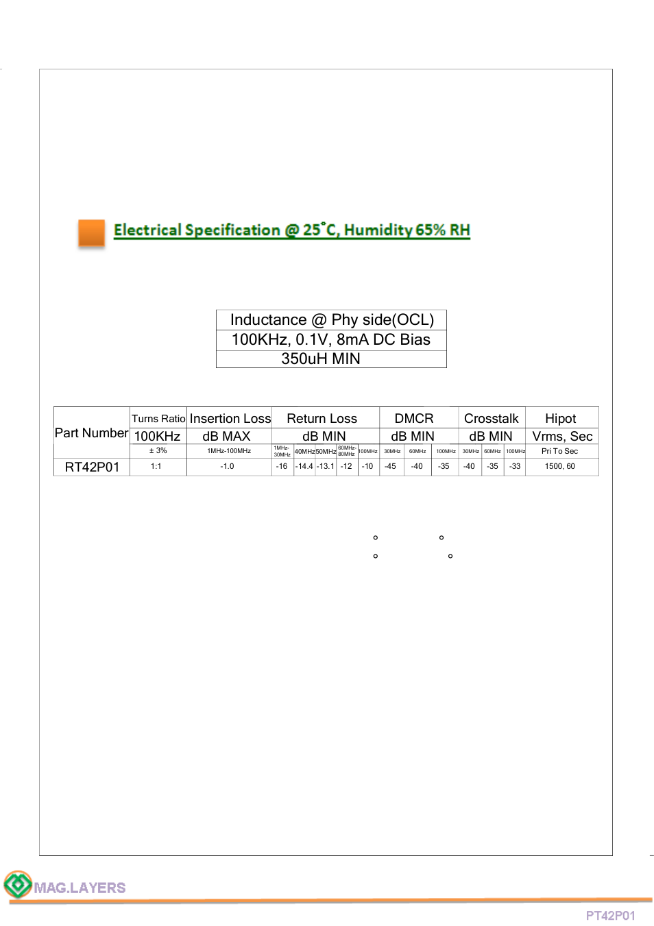 Rt42p01 part number, Insertion loss 100khz, Db max | Mag Layers USA RT42P01 User Manual | Page 5 / 6