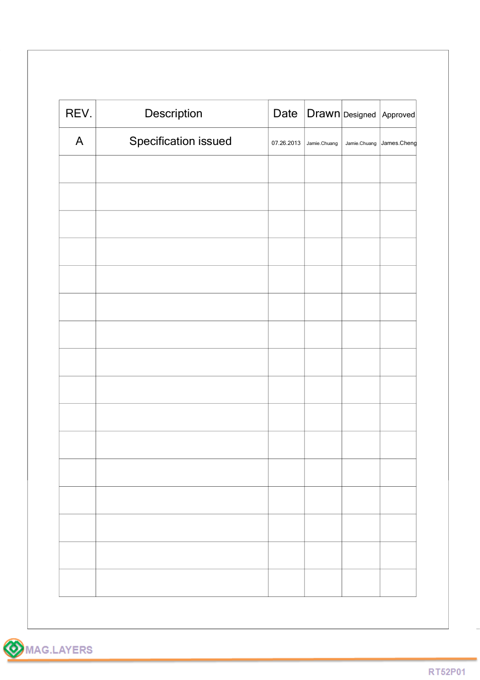 Rev. description date drawn, A specification issued | Mag Layers USA RT52P01 User Manual | Page 2 / 6