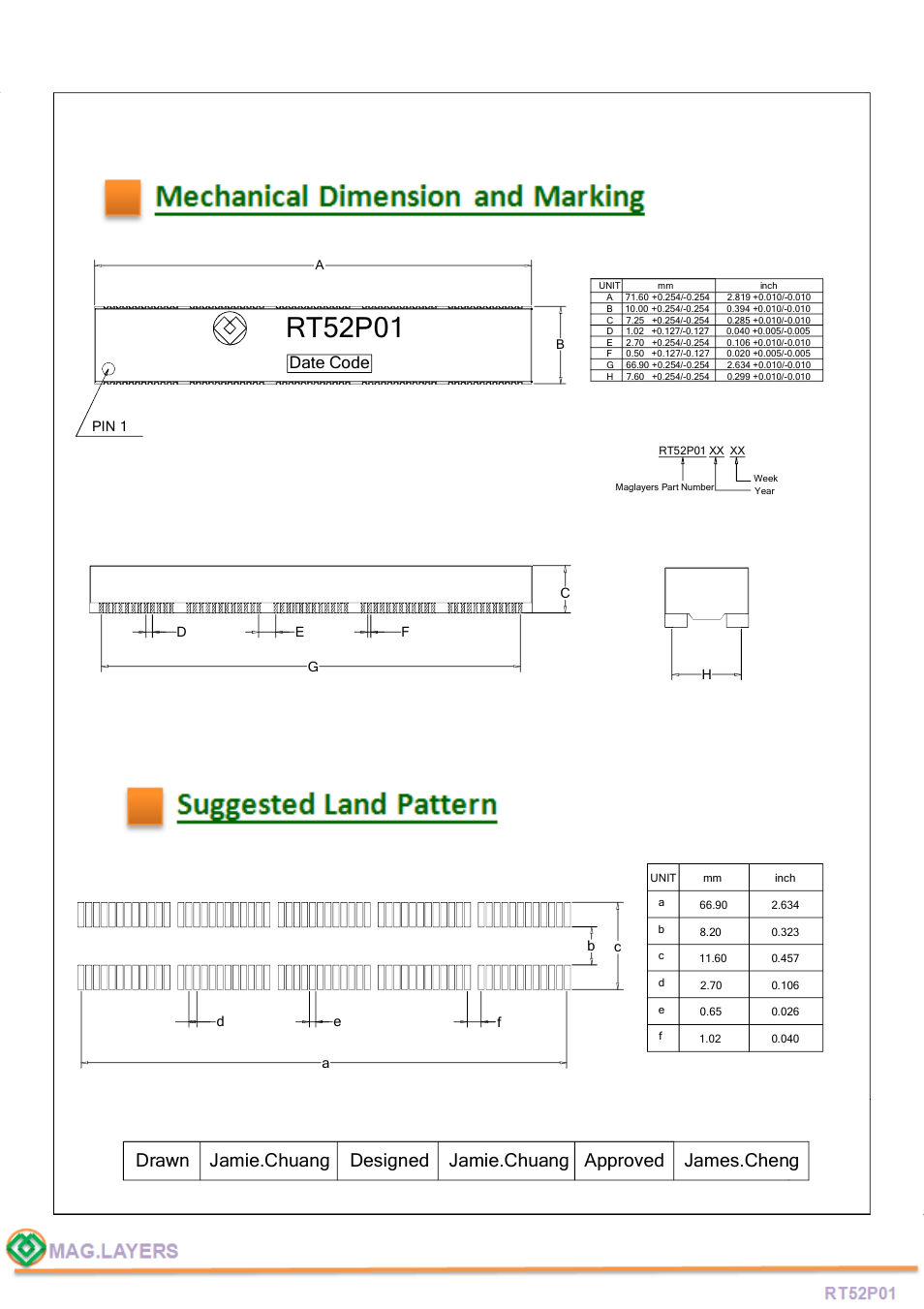 Rt52p01, Mechanical dimension and marking, Suggested pwb layout | Date code | Mag Layers USA RT52P01 User Manual | Page 3 / 6