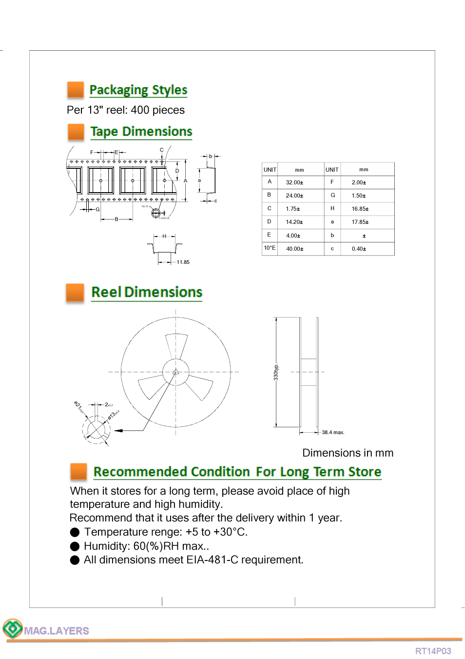 Reel dimensions | Mag Layers USA RT14P03 User Manual | Page 6 / 7