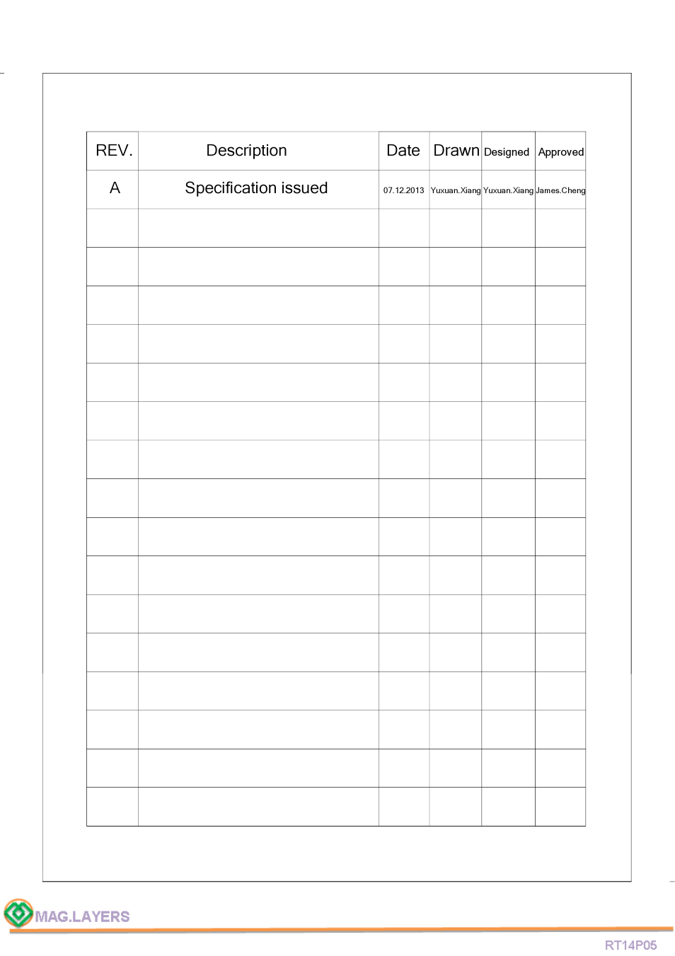Rev. description date drawn, A specification issued | Mag Layers USA RT14P05 User Manual | Page 2 / 7