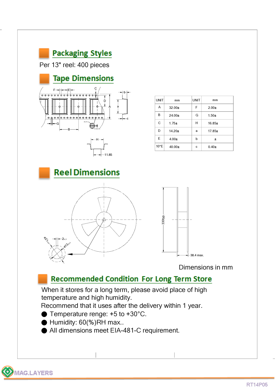 Reel dimensions | Mag Layers USA RT14P05 User Manual | Page 6 / 7