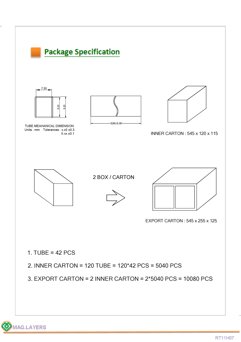 Package specification, 2 box / carton | Mag Layers USA RT11H07 User Manual | Page 6 / 6