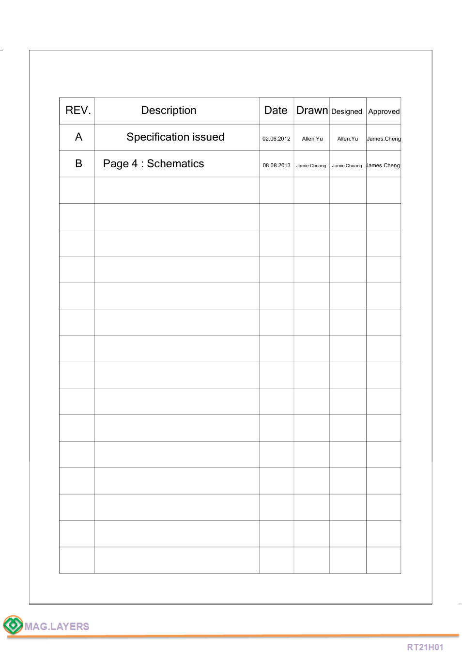 Rev. description date drawn, A specification issued, B page 4 : schematics | Mag Layers USA RT21H01 User Manual | Page 2 / 5