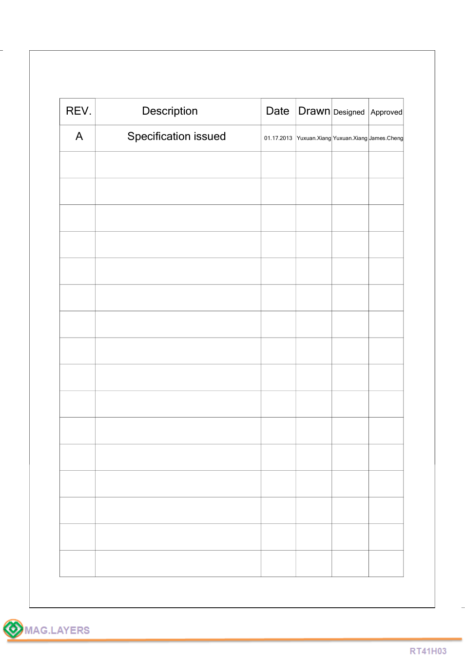 Rev. description date drawn, A specification issued | Mag Layers USA RT41H03 User Manual | Page 2 / 5