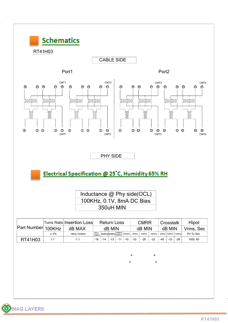 Rt41h03, Phy side cable side port1 port2, Rt41h03 part number | Insertion loss 100khz, Db max | Mag Layers USA RT41H03 User Manual | Page 4 / 5