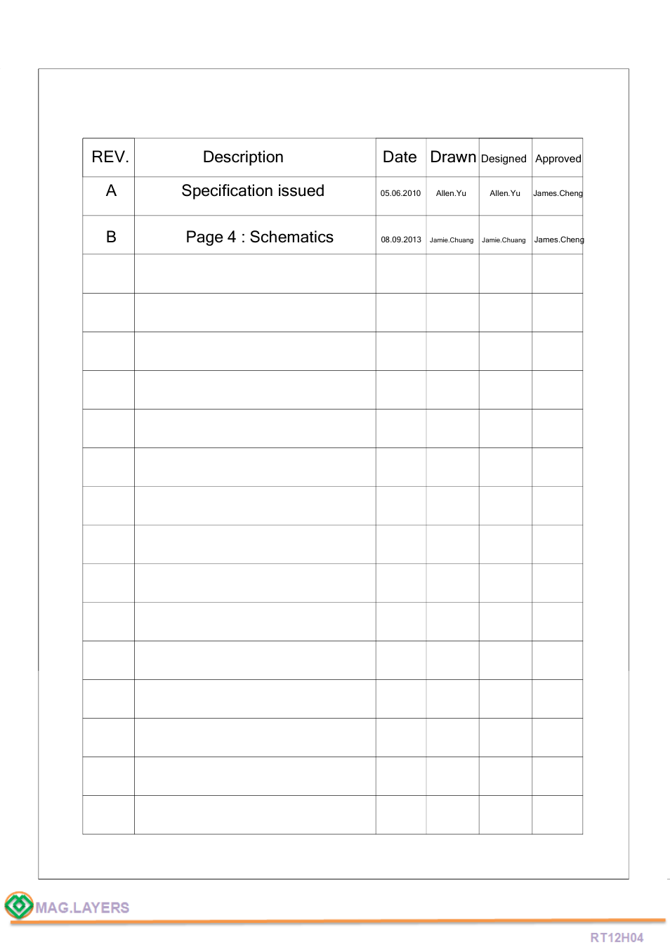 Rev. description date drawn, A specification issued, B page 4 : schematics | Mag Layers USA RT12H04 User Manual | Page 2 / 5