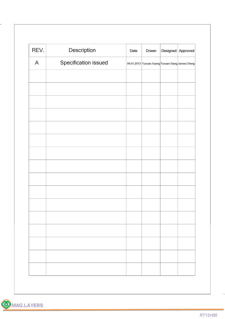 Rev. description, A specification issued | Mag Layers USA RT12H06 User Manual | Page 2 / 6