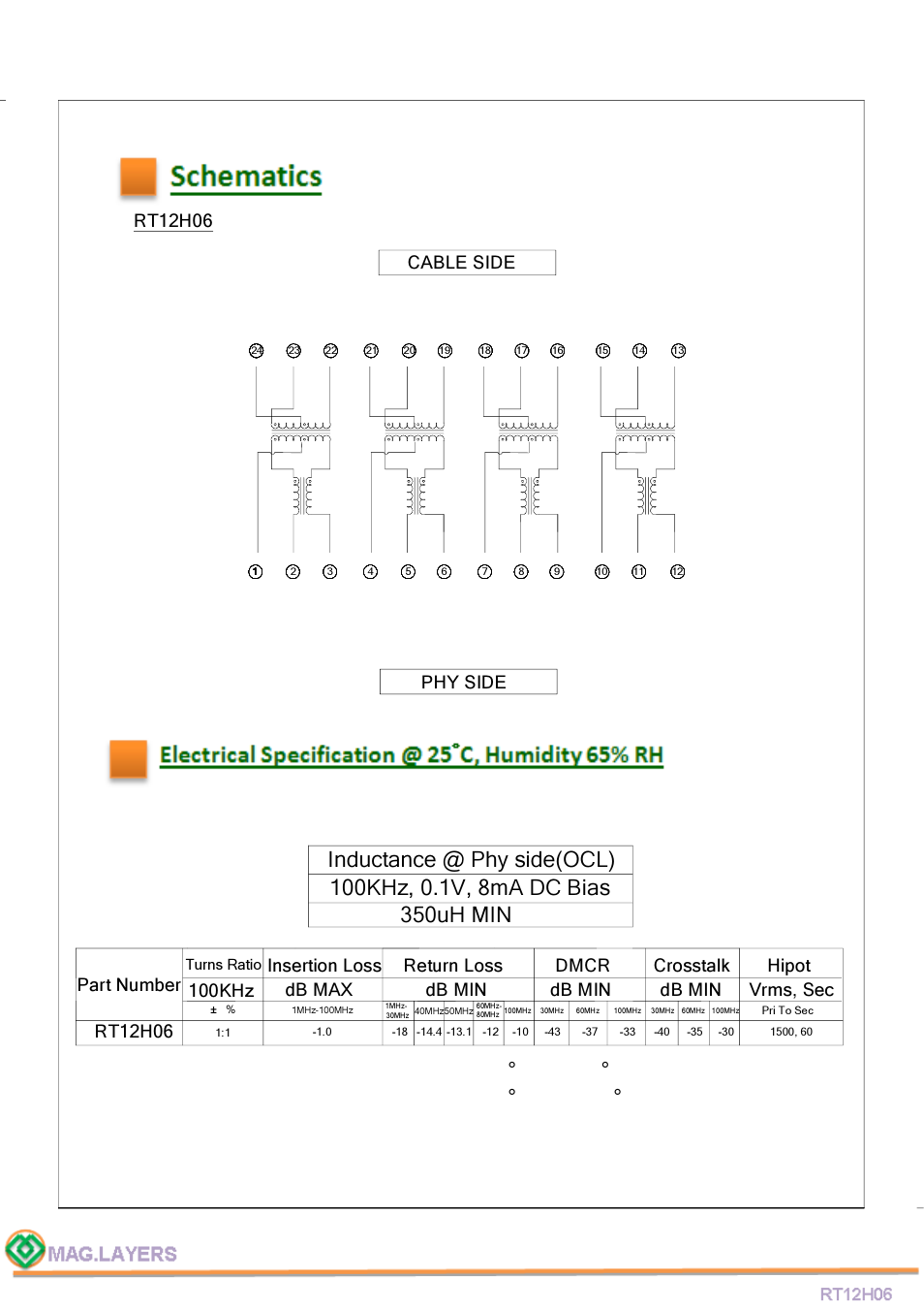 Rt12h06, Phy side cable side, Part number | Insertion loss 100khz, Db max | Mag Layers USA RT12H06 User Manual | Page 4 / 6