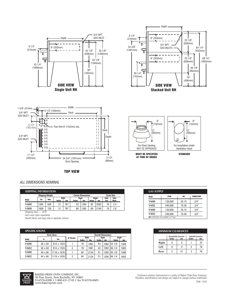 All dimensions nominal top view, Side view single unit rh side view stacked unit rh | Bakers Pride Y-802 User Manual | Page 2 / 2