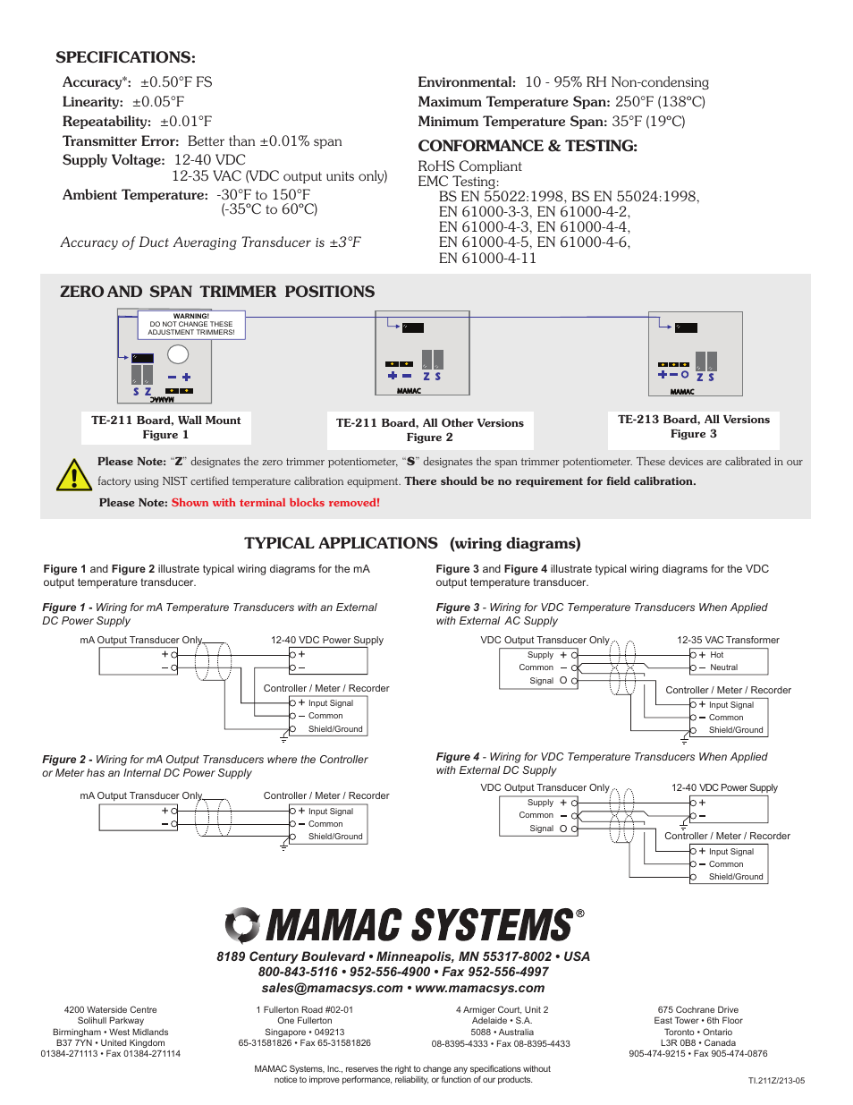 Ti.211-213-05_pg2, Conformance & testing, Specifications: zero and span trimmer positions | Typical applications (wiring diagrams) | MAMAC Systems TE-213 User Manual | Page 2 / 2