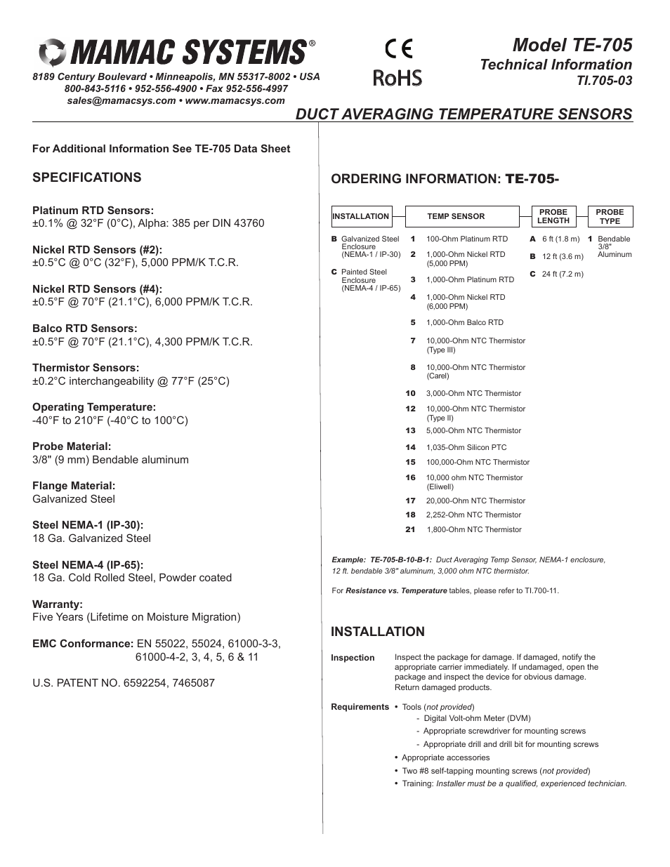 MAMAC Systems TE-705 User Manual | 2 pages