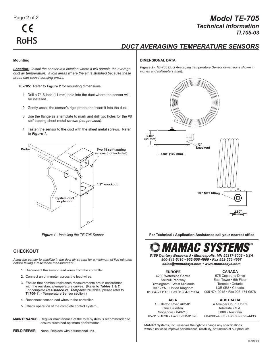 Ti.705-03_pg2, Rohs, Model te-705 | Technical information, Duct averaging temperature sensors, Page 2 of 2 | MAMAC Systems TE-705 User Manual | Page 2 / 2