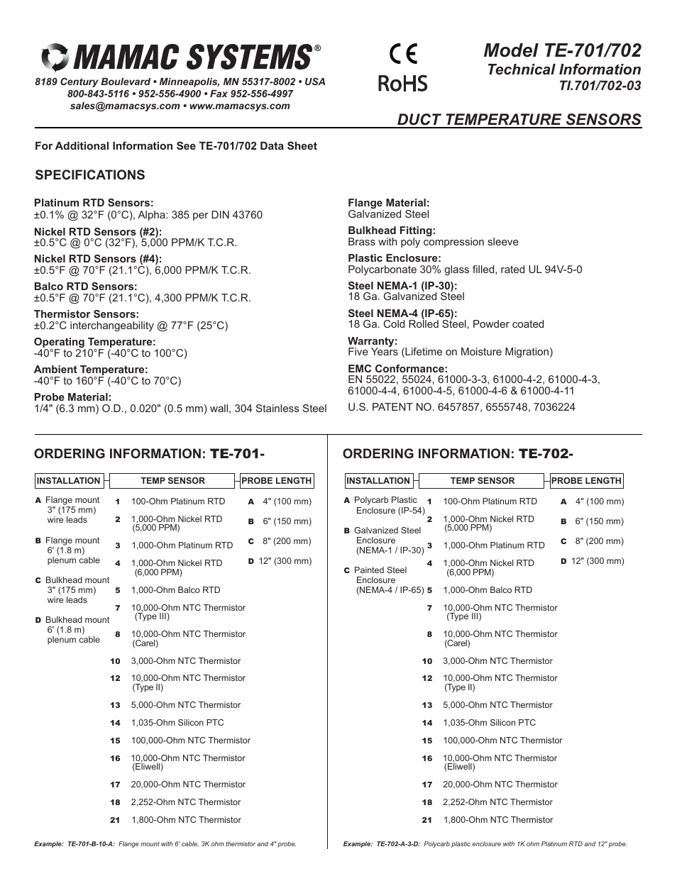 MAMAC Systems TE-702 User Manual | 4 pages