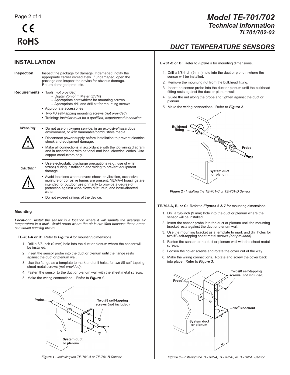 Ti.701-702-02 pg2, Rohs, Technical information | Duct temperature sensors, Installation, Page 2 of 4 | MAMAC Systems TE-702 User Manual | Page 2 / 4