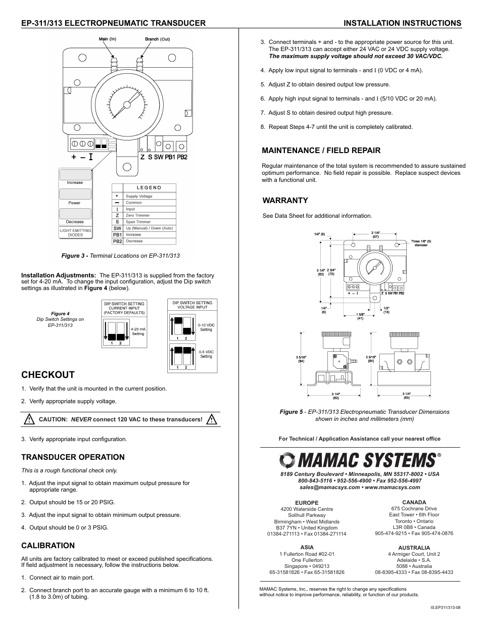 Is.ep311-313-07_pg2, Checkout, Transducer operation | Calibration, Maintenance / field repair, Warranty | MAMAC Systems EP-313 User Manual | Page 2 / 2