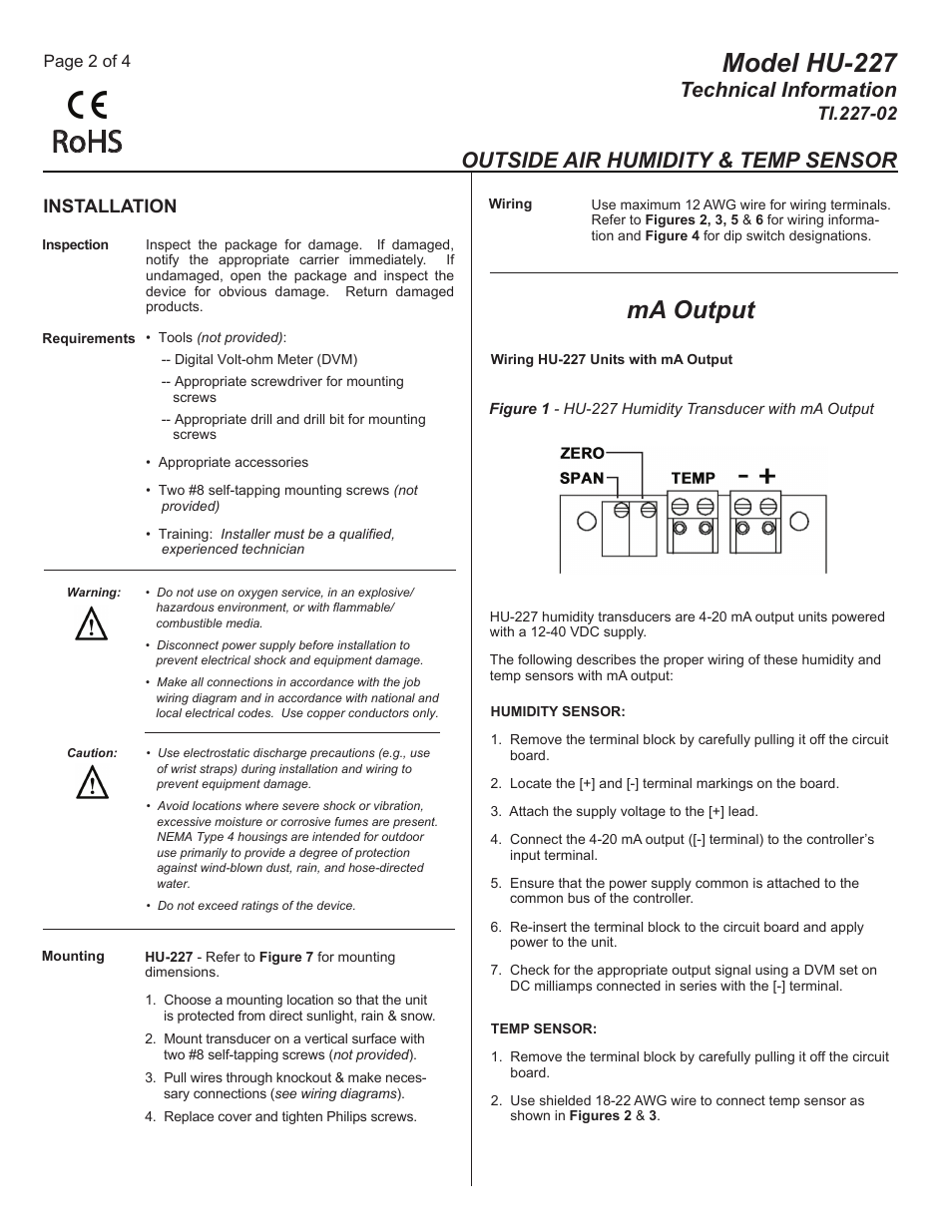 Ti.227-02_pg2, Rohs, Model hu-227 | Ma output, Technical information, Outside air humidity & temp sensor, Installation | MAMAC Systems HU-227 User Manual | Page 2 / 4