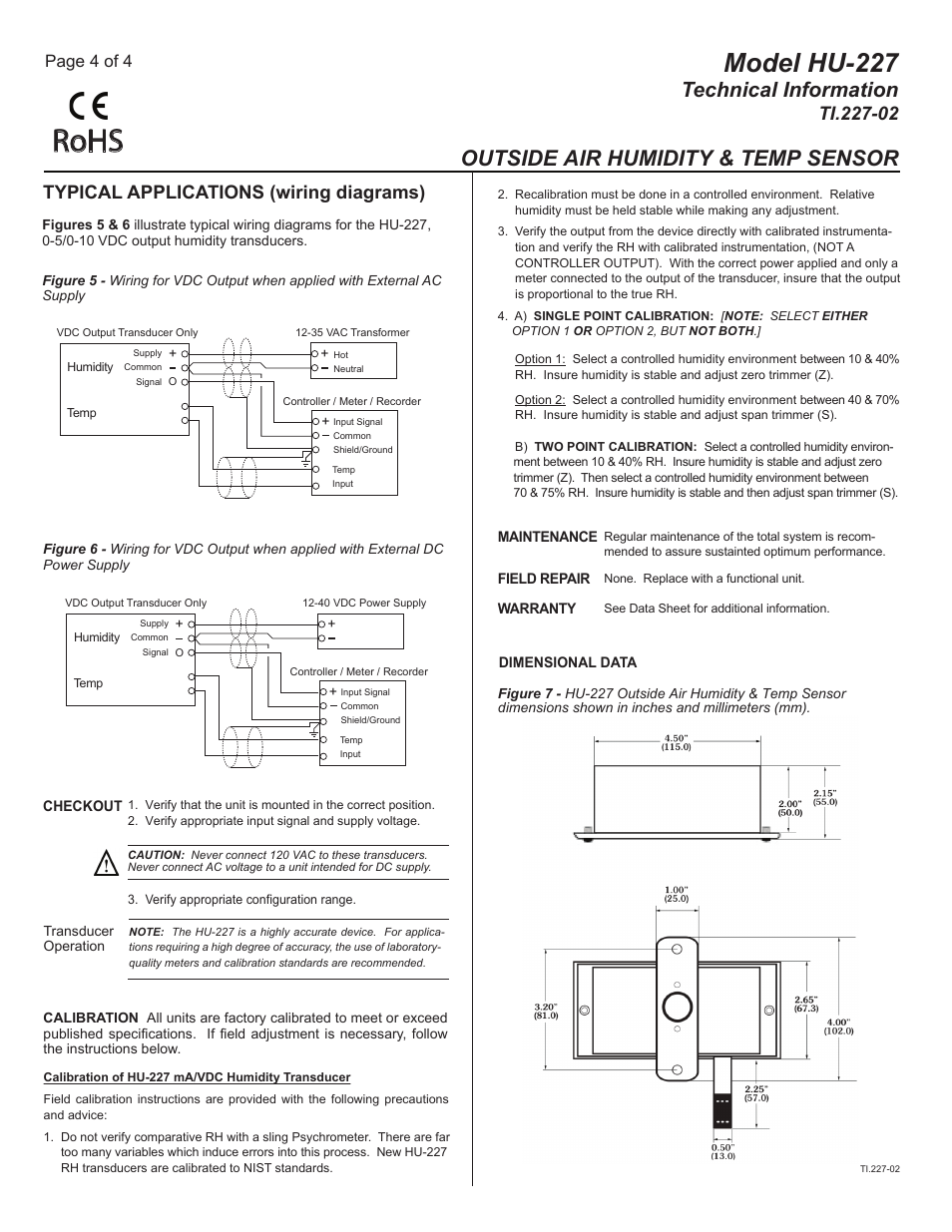 Ti.227-02_pg4, Rohs, Model hu-227 | Technical information, Outside air humidity & temp sensor, Typical applications (wiring diagrams), Page 4 of 4 | MAMAC Systems HU-227 User Manual | Page 4 / 4