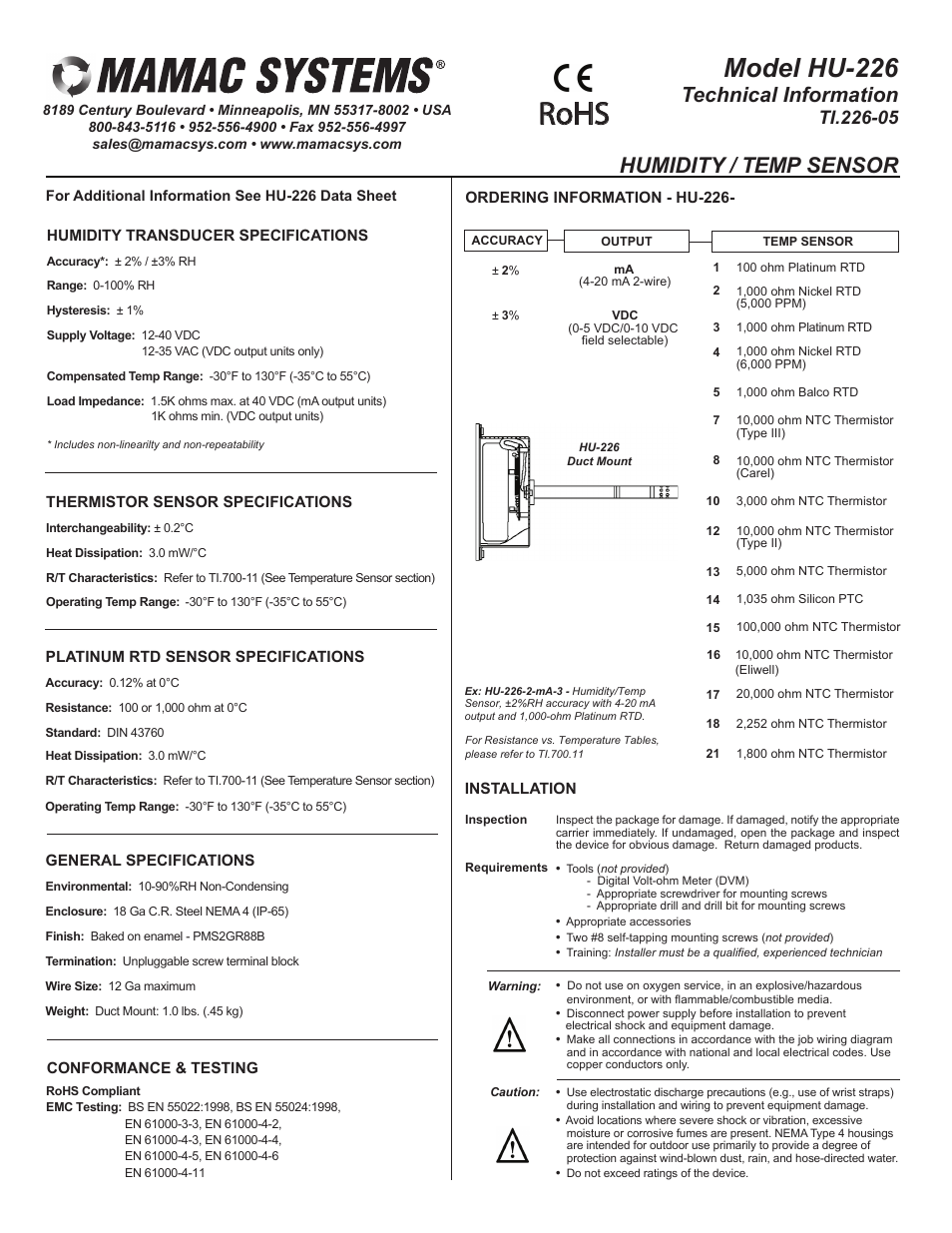 MAMAC Systems HU-226 User Manual | 4 pages