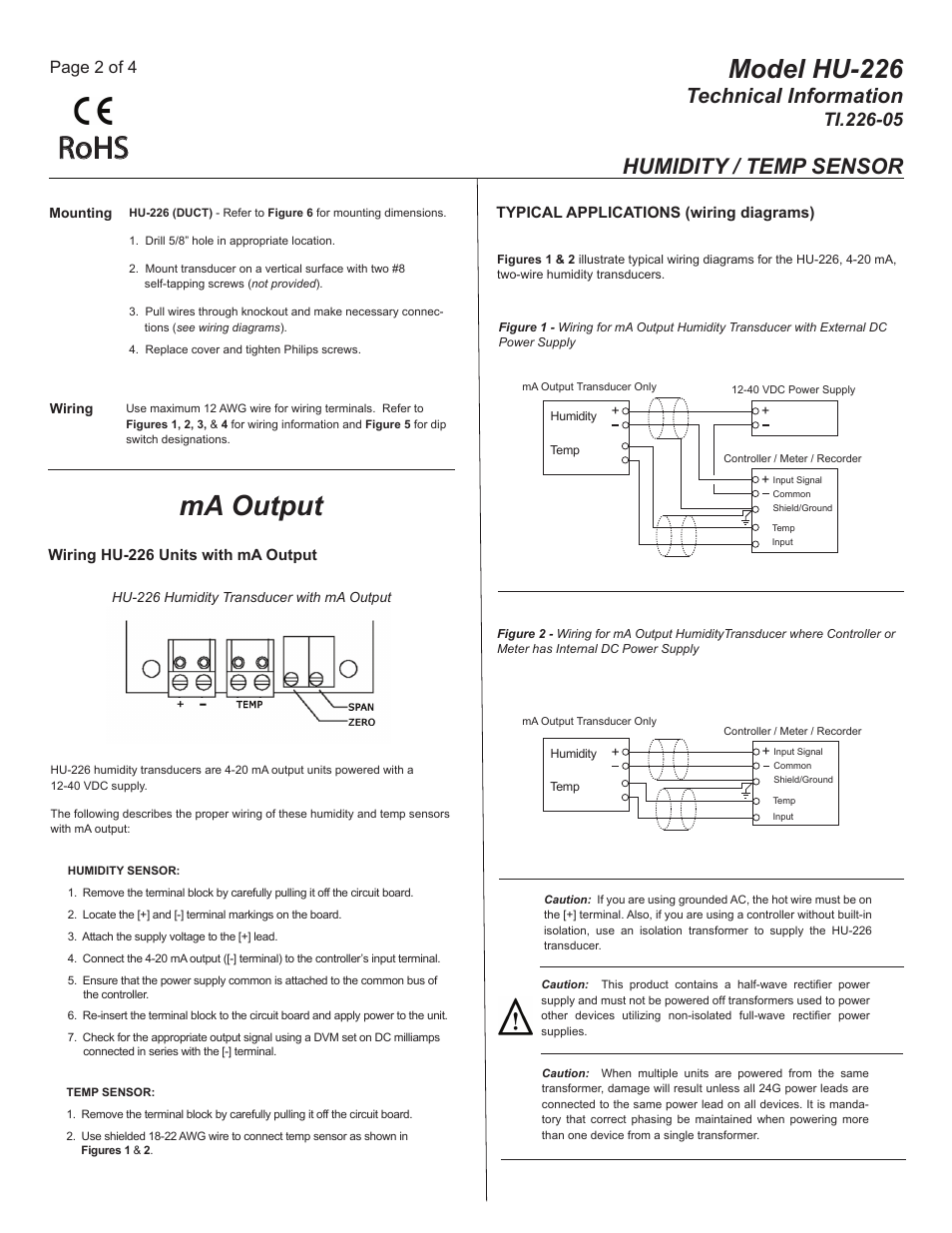 Ti.226-05_pg2, Rohs, Ma output | Model hu-226, Technical information, Humidity / temp sensor, Page 2 of 4 | MAMAC Systems HU-226 User Manual | Page 2 / 4