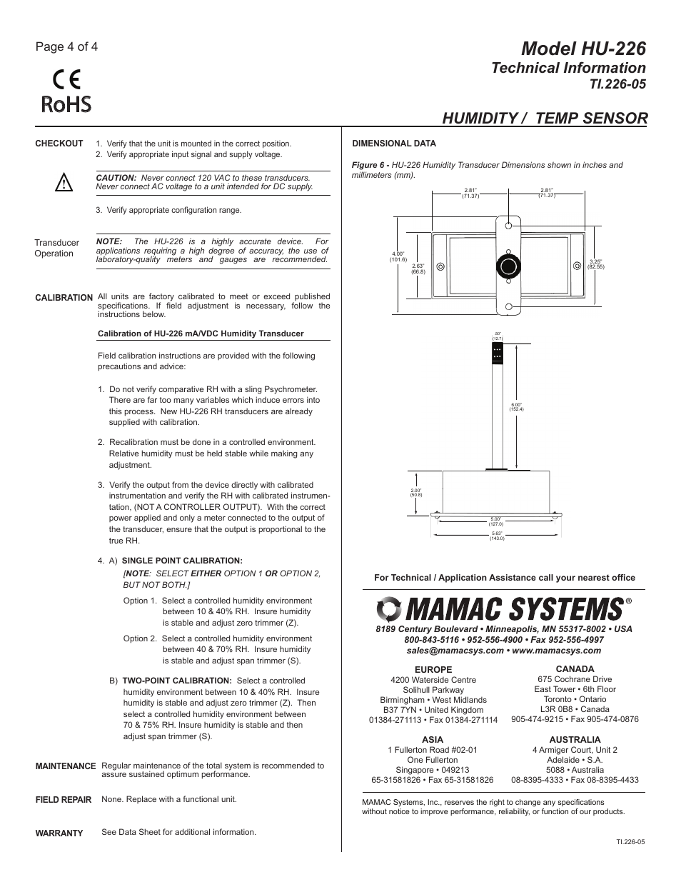 Ti.226-05_pg4, Rohs, Model hu-226 | Technical information, Humidity / temp sensor, Page 4 of 4 | MAMAC Systems HU-226 User Manual | Page 4 / 4