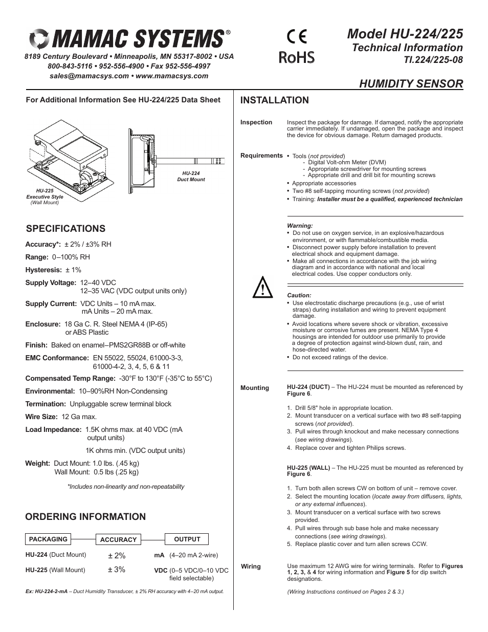 MAMAC Systems HU-225 User Manual | 4 pages
