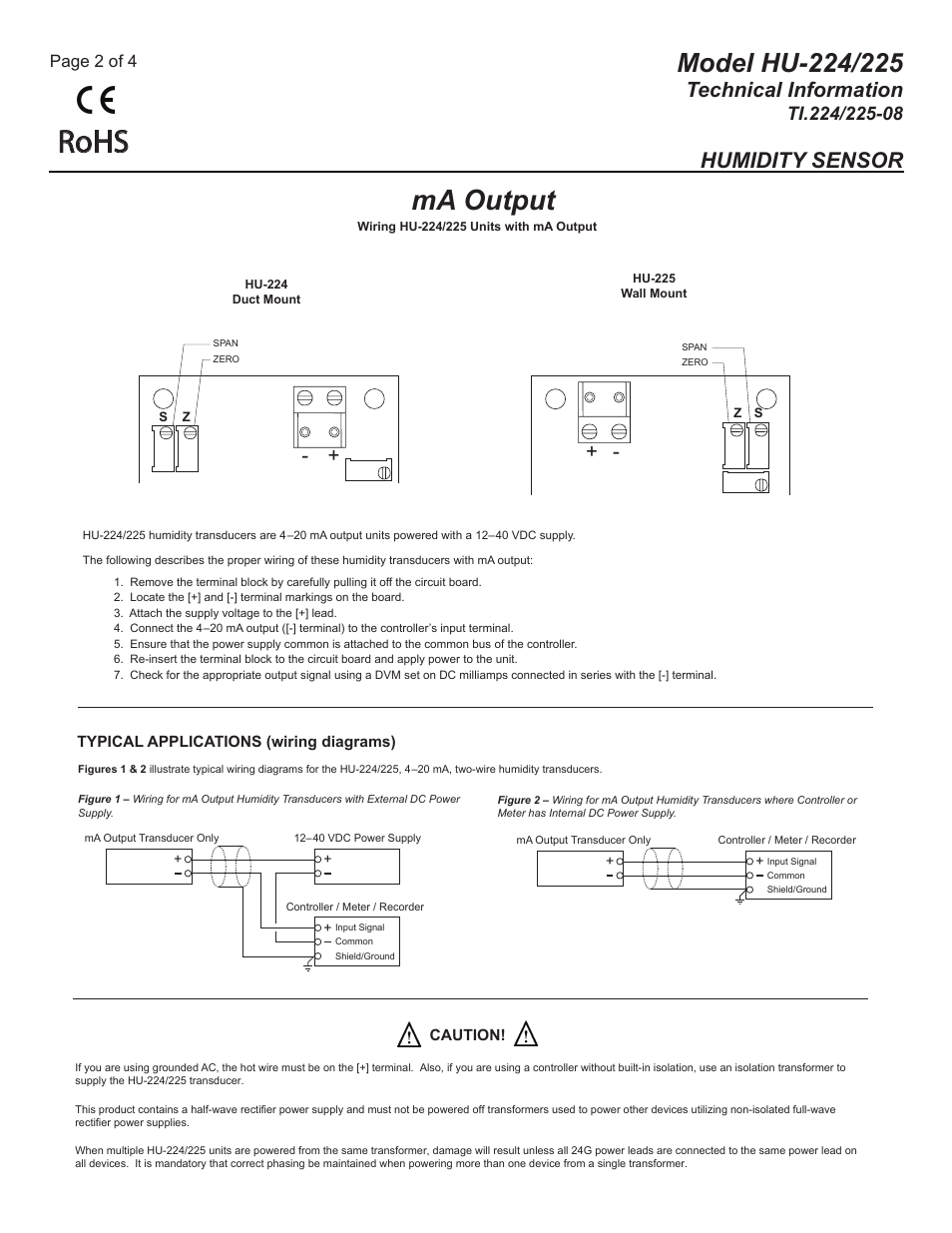 Ti.224.225-08_pg2, Rohs, Ma output | Technical information, Humidity sensor, Page 2 of 4 | MAMAC Systems HU-225 User Manual | Page 2 / 4