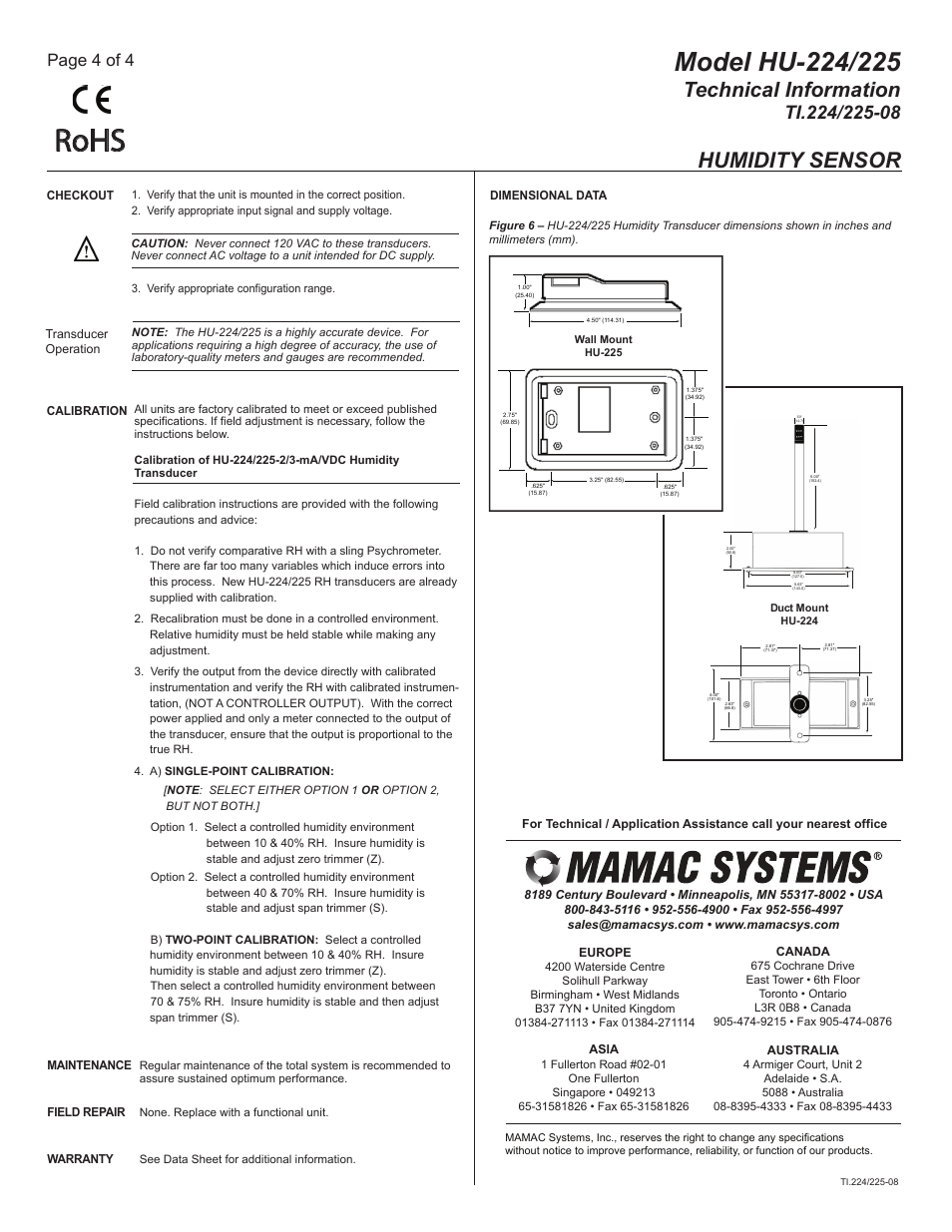 Ti.224.225-08_pg4, Rohs, Technical information | Humidity sensor, Page 4 of 4 | MAMAC Systems HU-225 User Manual | Page 4 / 4