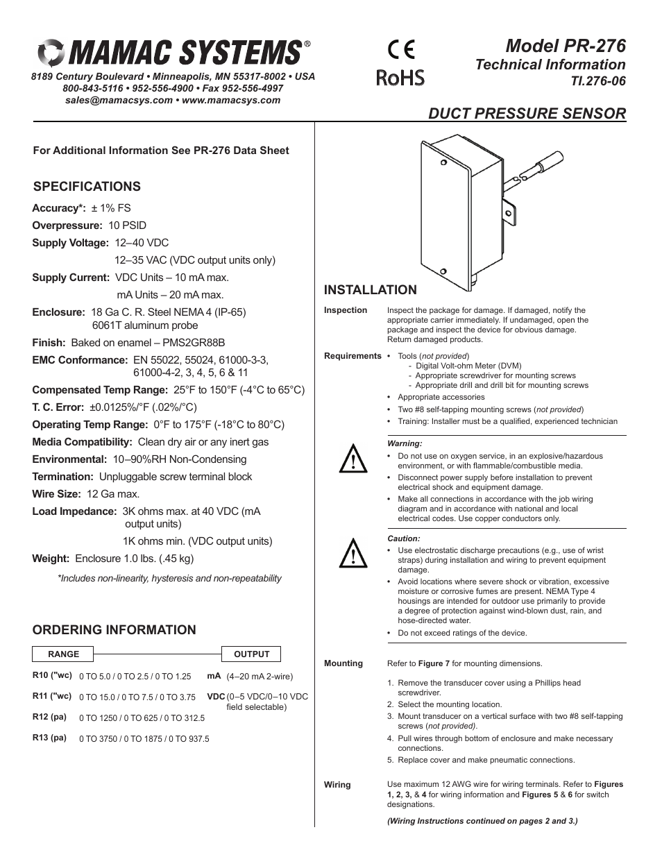 MAMAC Systems PR-276 User Manual | 4 pages