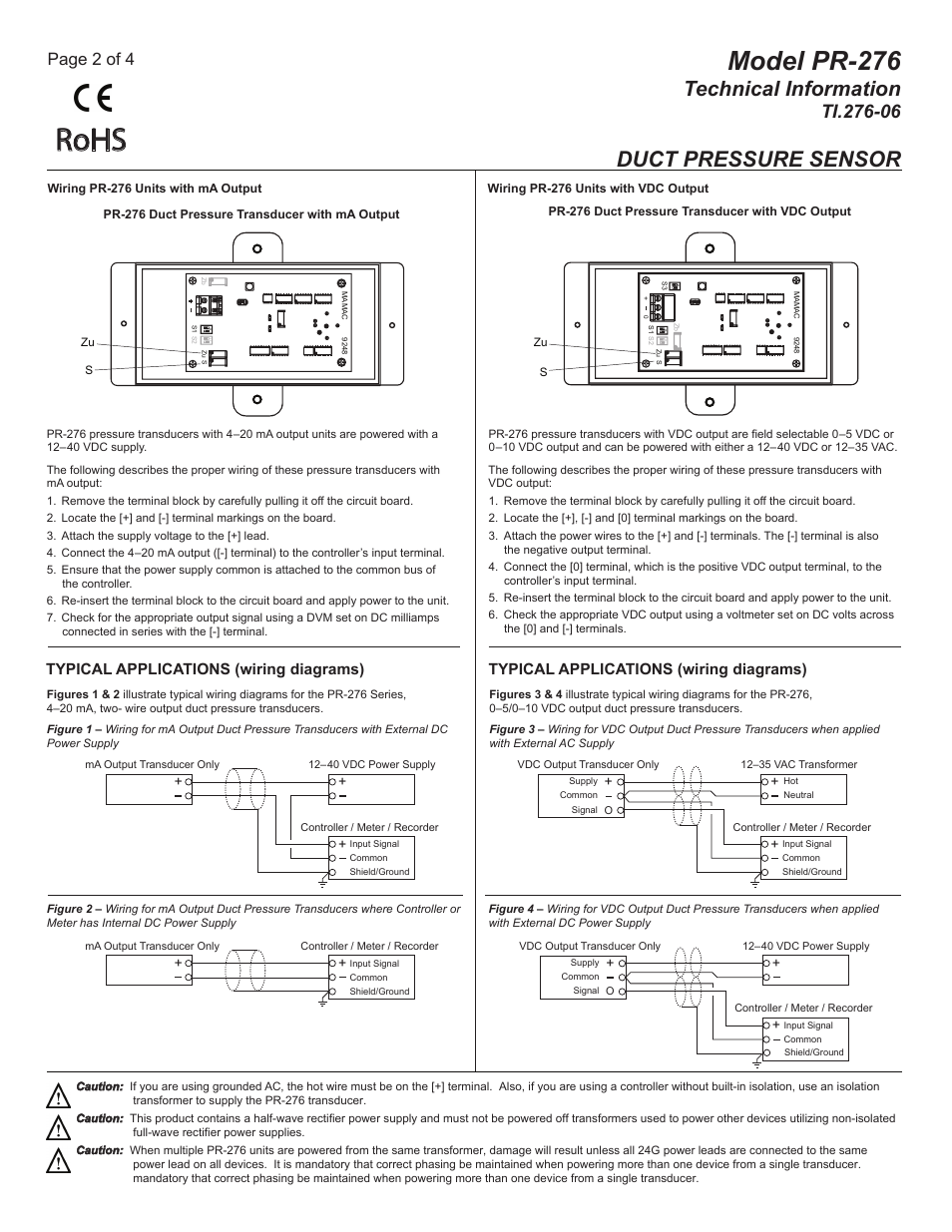 Ti.276-06_pg2, Rohs, Model pr-276 | Technical information, Duct pressure sensor, Page 2 of 4, Typical applications (wiring diagrams) | MAMAC Systems PR-276 User Manual | Page 2 / 4
