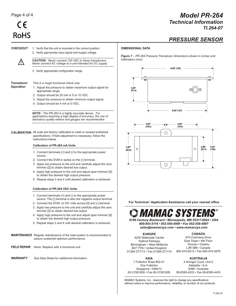 Ti.264-07_pg4, Rohs, Model pr-264 | Technical information, Pressure sensor, Page 4 of 4 | MAMAC Systems PR-264 User Manual | Page 4 / 4