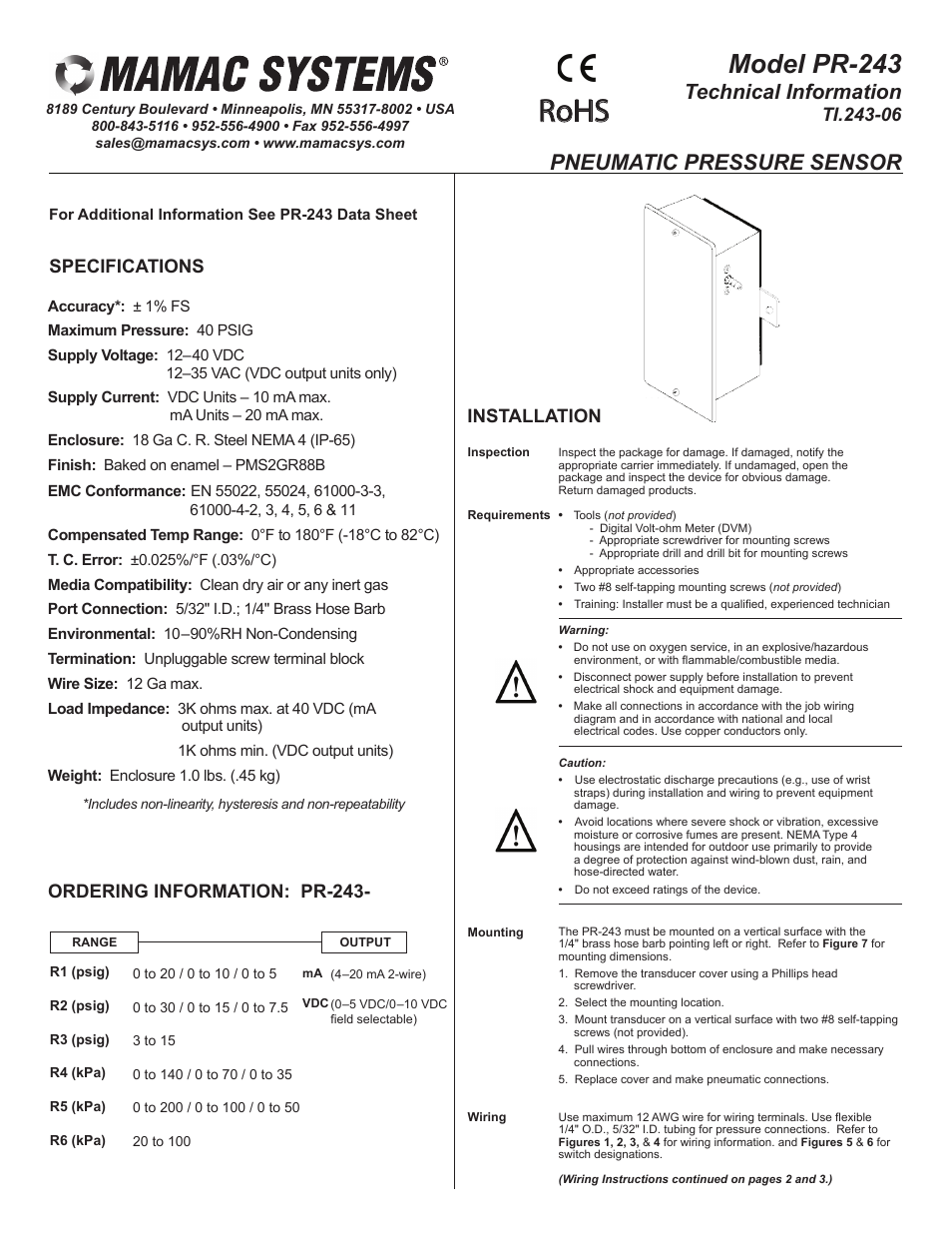 MAMAC Systems PR-243 User Manual | 4 pages
