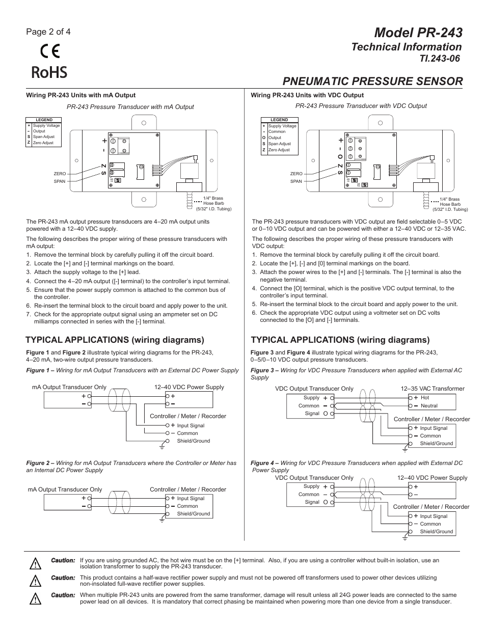 Ti.243-05_pg2, Rohs, Model pr-243 | Technical information, Pneumatic pressure sensor, Page 2 of 4, Typical applications (wiring diagrams) | MAMAC Systems PR-243 User Manual | Page 2 / 4