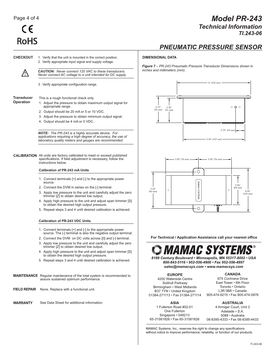 Ti.243-05_pg4, Rohs, Model pr-243 | Technical information, Pneumatic pressure sensor, Page 4 of 4 | MAMAC Systems PR-243 User Manual | Page 4 / 4
