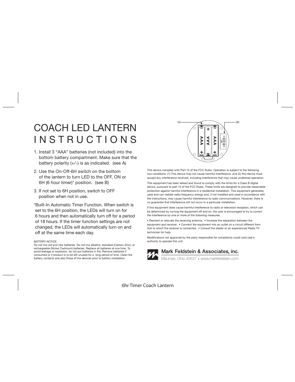 Mark Feldstein & Associates Flameless LED Coach Lantern User Manual | 1 page