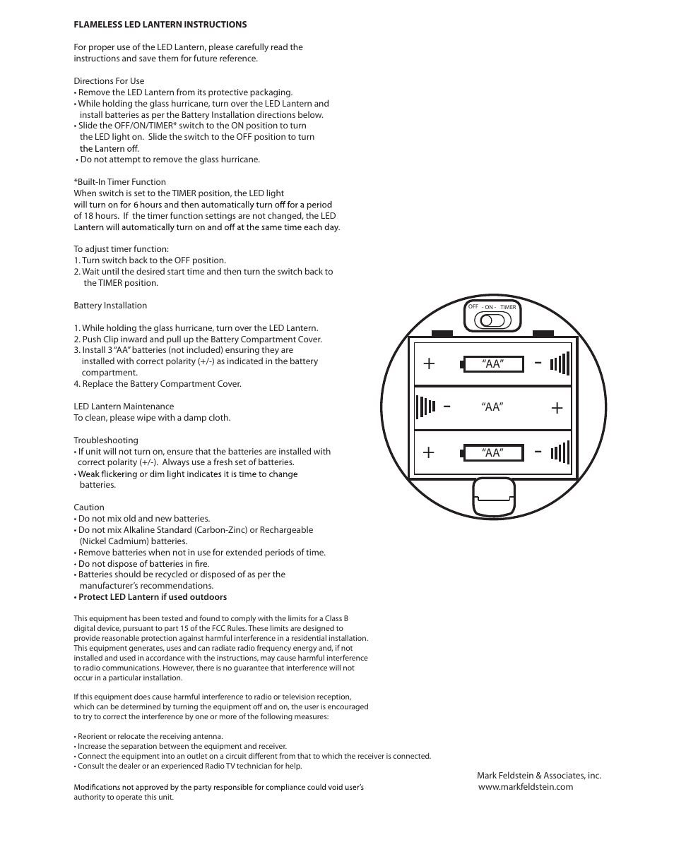 Mark Feldstein & Associates Flameless LED Lantern User Manual | 1 page