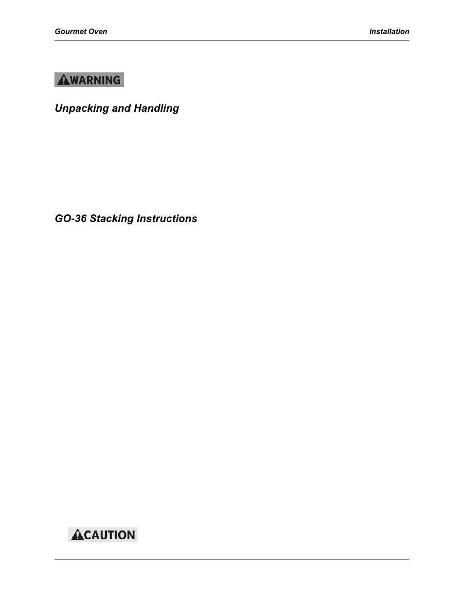 Installation, Unpacking and handling, Go-36 stacking instructions | Bakers Pride GO-36 User Manual | Page 9 / 36