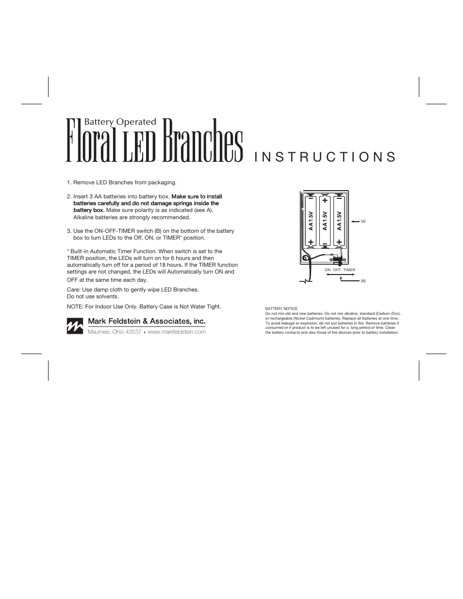 Mark Feldstein & Associates LED Branches in Vase with Timer User Manual | 1 page