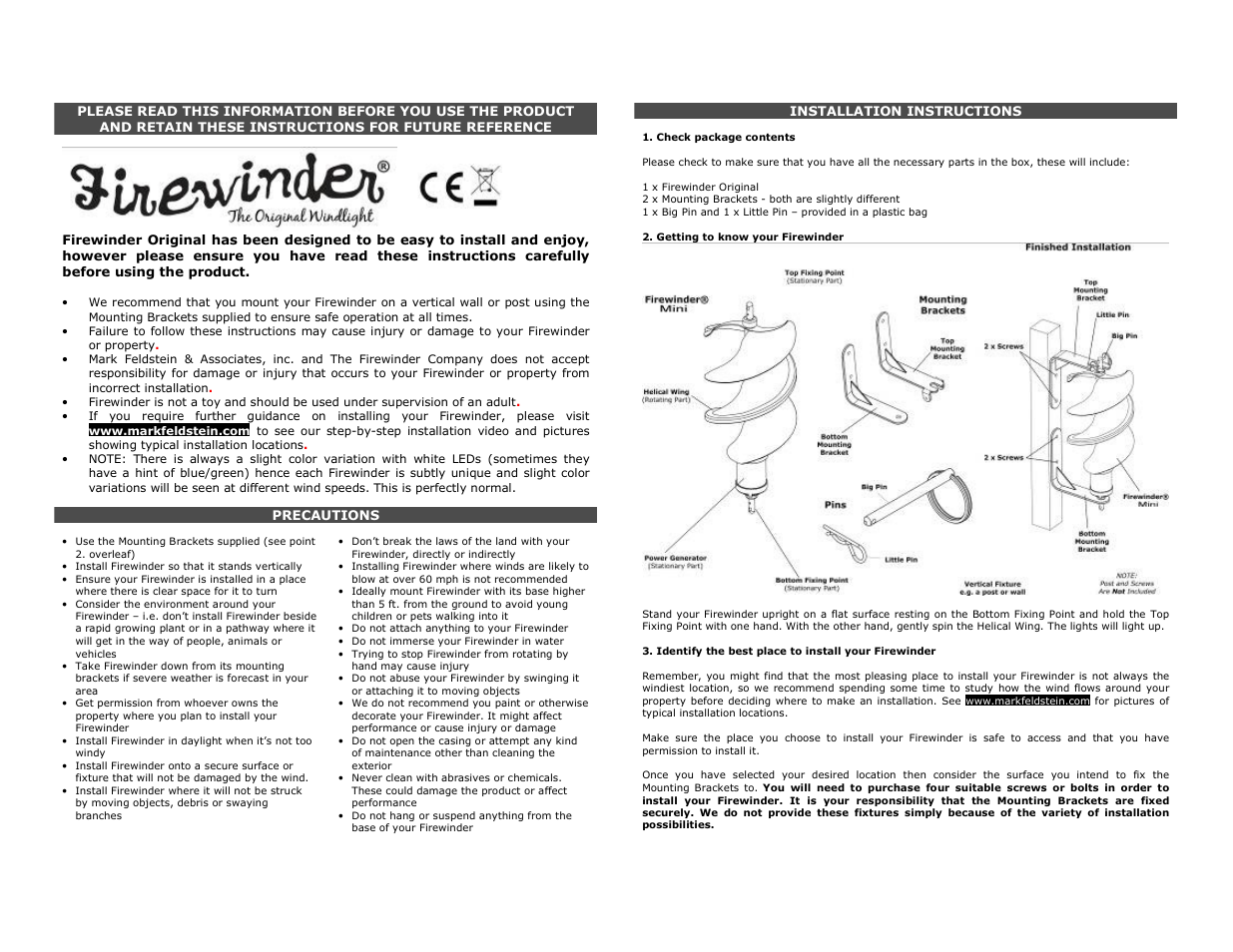 Mark Feldstein & Associates Fire Winder Wind Light - Medium User Manual | 2 pages