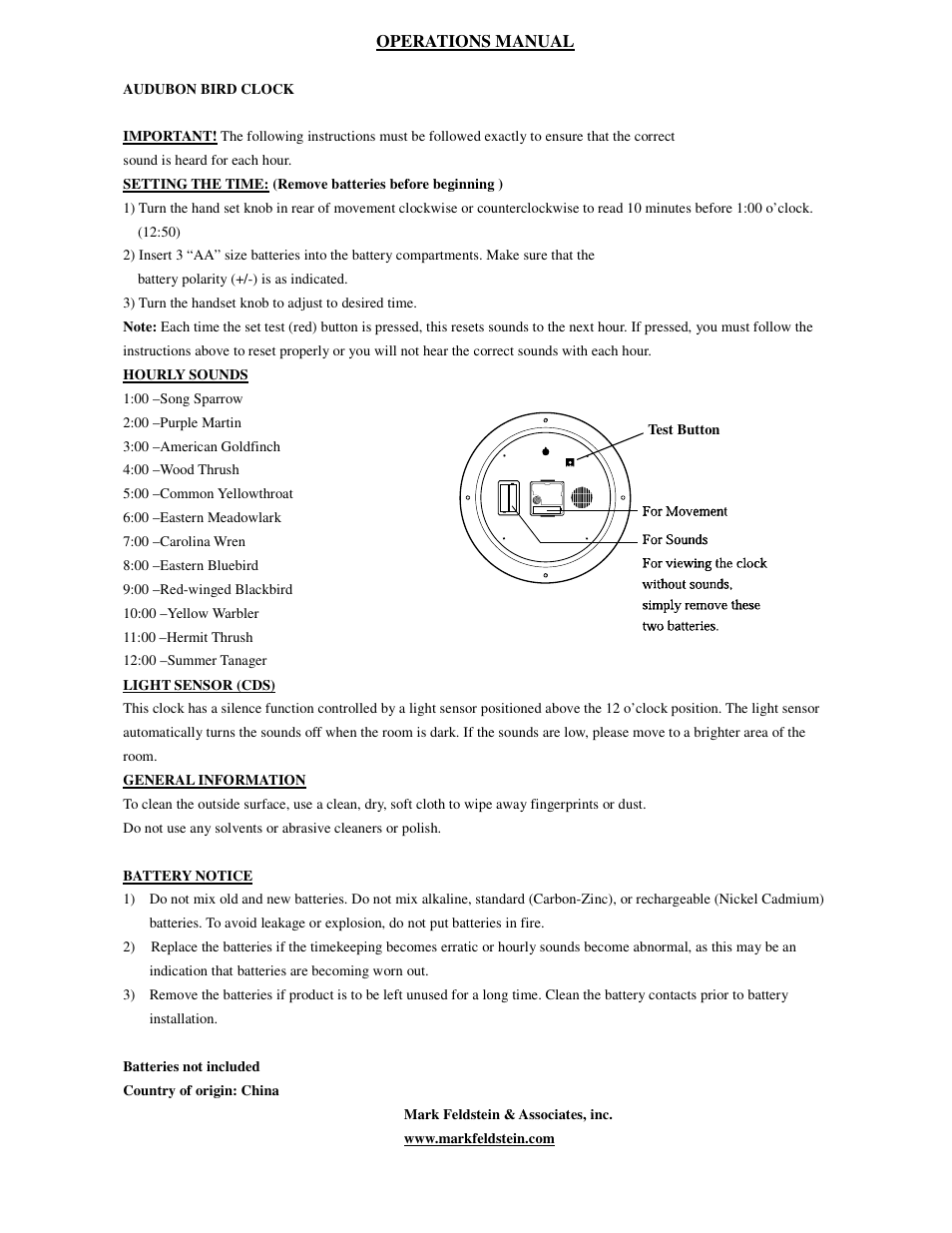 Mark Feldstein & Associates Audubon Clock 13IN User Manual | 1 page
