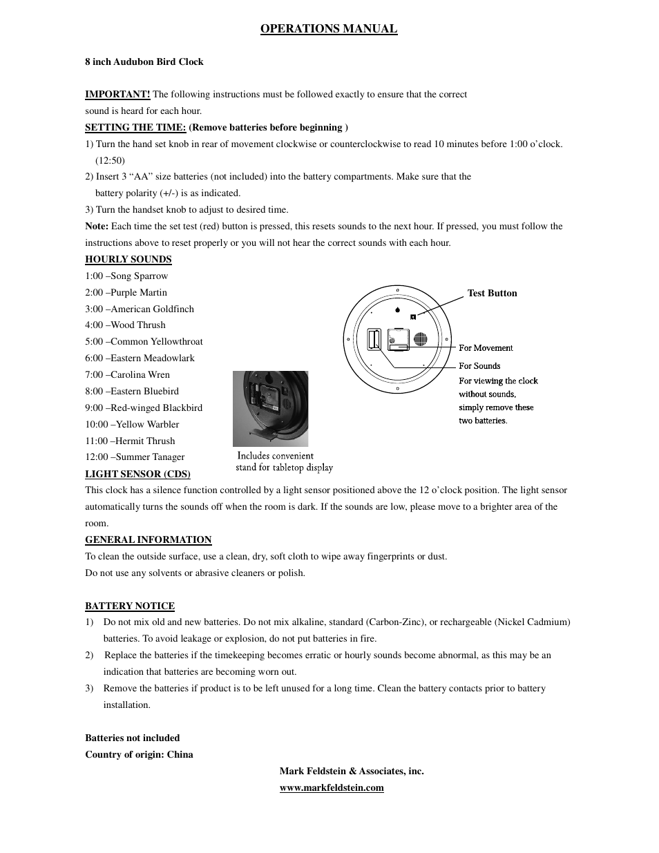 Mark Feldstein & Associates Audubon Clock 8IN User Manual | 1 page