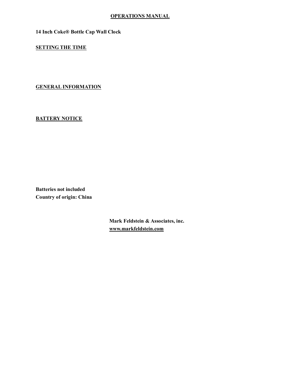 Mark Feldstein & Associates Coca-Cola Metal Bottle Cap Clock 13IN User Manual | 1 page