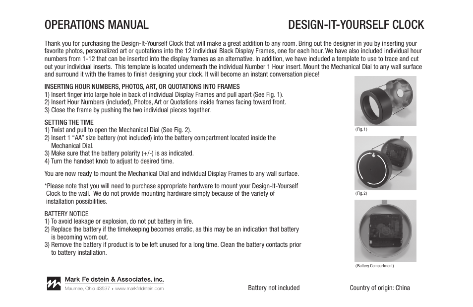 Mark Feldstein & Associates DIY Design It Yourself Clock User Manual | 1 page