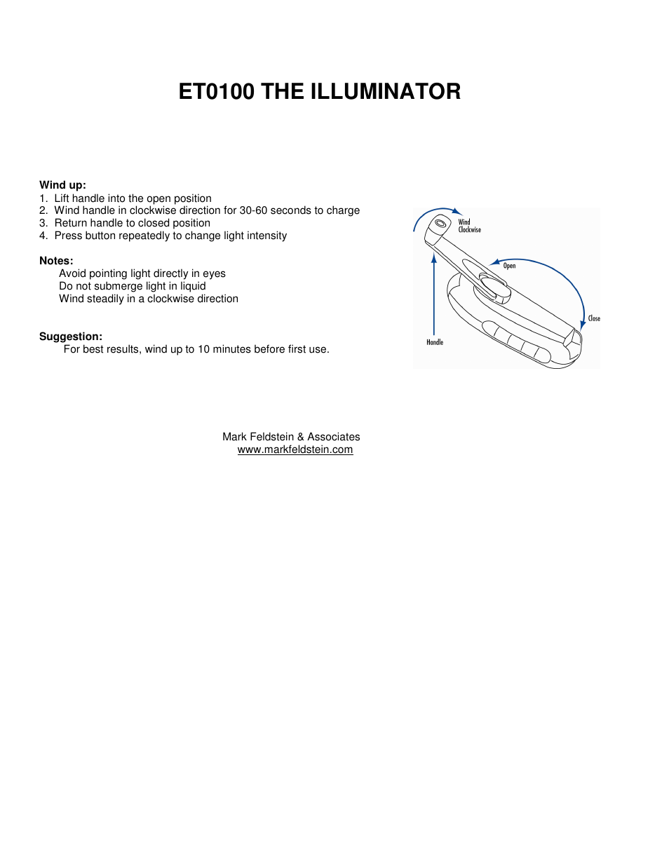 Mark Feldstein & Associates ET0100 THE ILLUMINATOR User Manual | 1 page