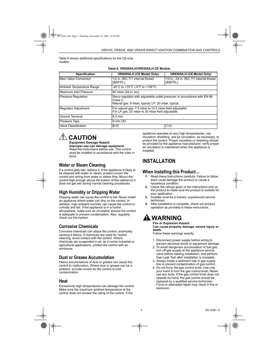 Water or steam cleaning, High humidity or dripping water, Corrosive chemicals | Dust or grease accumulation, Heat, Installation, When installing this product, Caution, Warning | Bakers Pride DRG-40 User Manual | Page 30 / 40