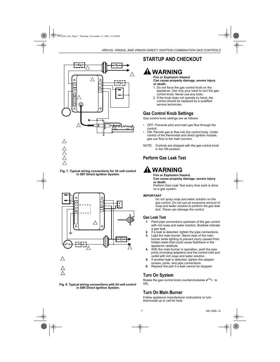 Startup and checkout, Gas control knob settings, Perform gas leak test | Turn on system, Turn on main burner, Warning, Gas leak test | Bakers Pride DRG-40 User Manual | Page 34 / 40