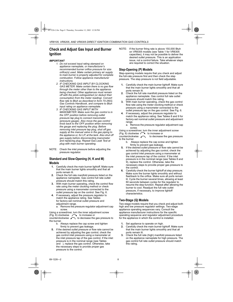 Check and adjust gas input and burner ignition, Standard and slow-opening (h, k and m) models, Step-opening (p) models | Two-stage (q) models | Bakers Pride DRG-40 User Manual | Page 35 / 40