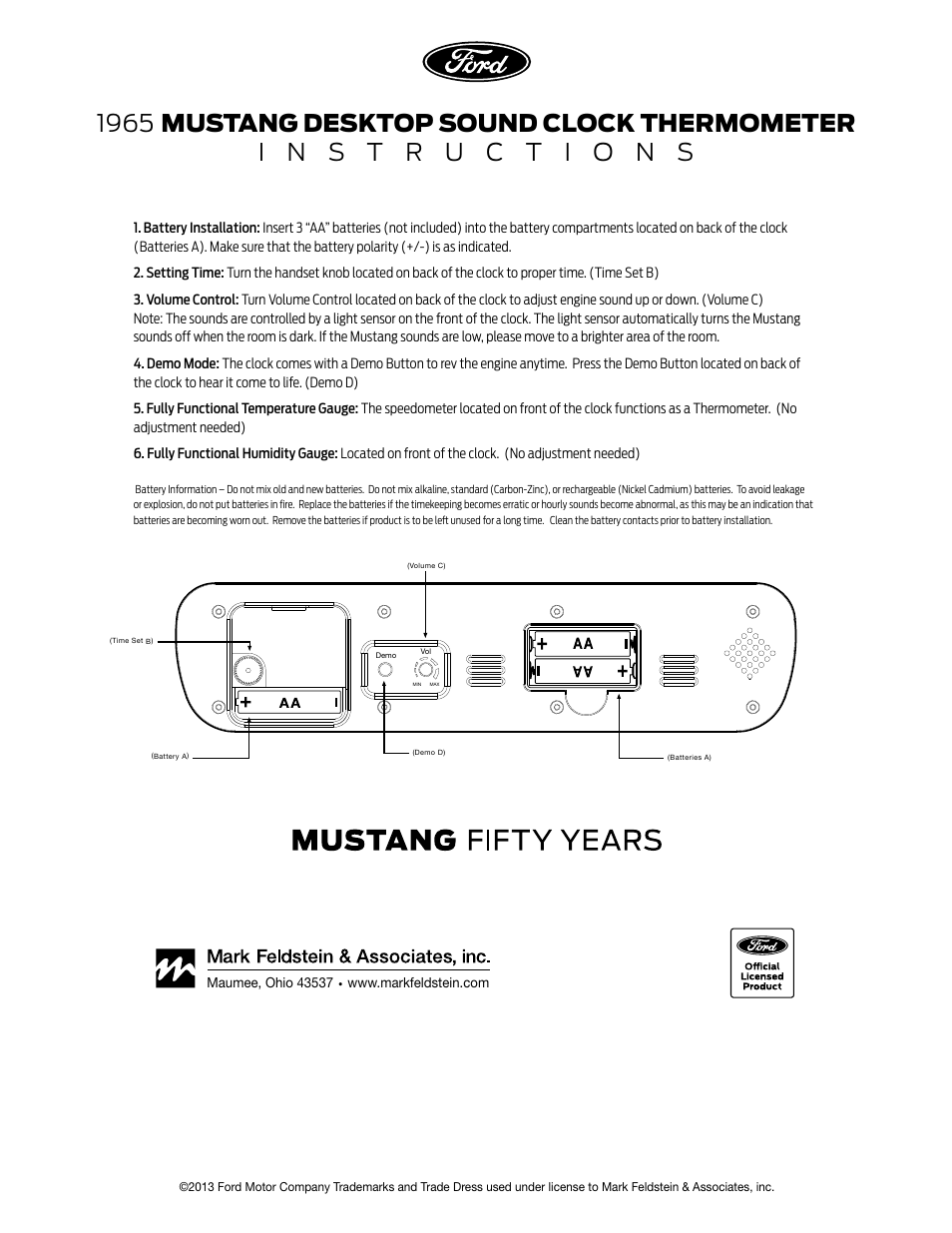 Mark Feldstein & Associates Ford Mustang 50 Years of Mustang Desktop Sound Clock Thermometer User Manual | 1 page