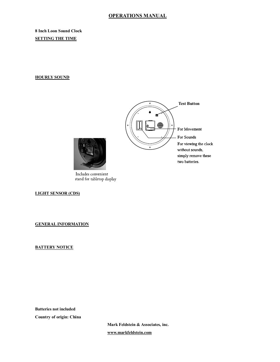 Mark Feldstein & Associates Loon Sound Clock 8IN User Manual | 1 page